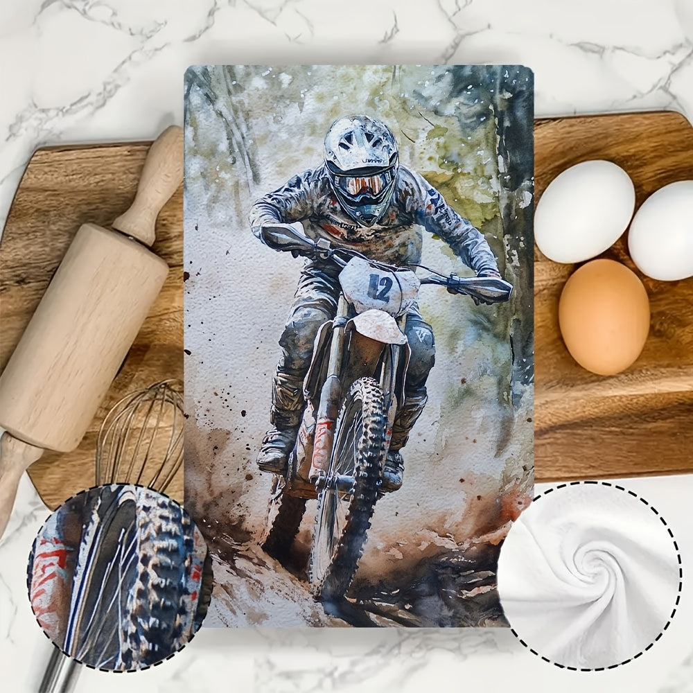 Set of 2 Ultra Soft Kitchen Towels Enduro Bike Rider Design 40x60cm Absorbent