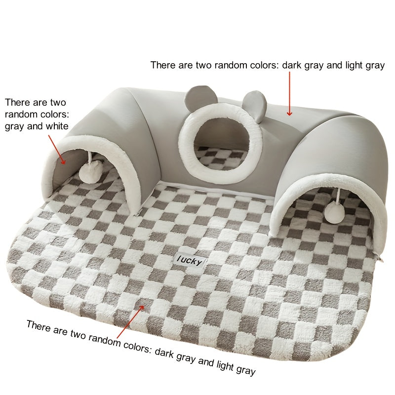 Plaid Reindeer Cat Tunnel and Bed for Holiday Play and Sleep