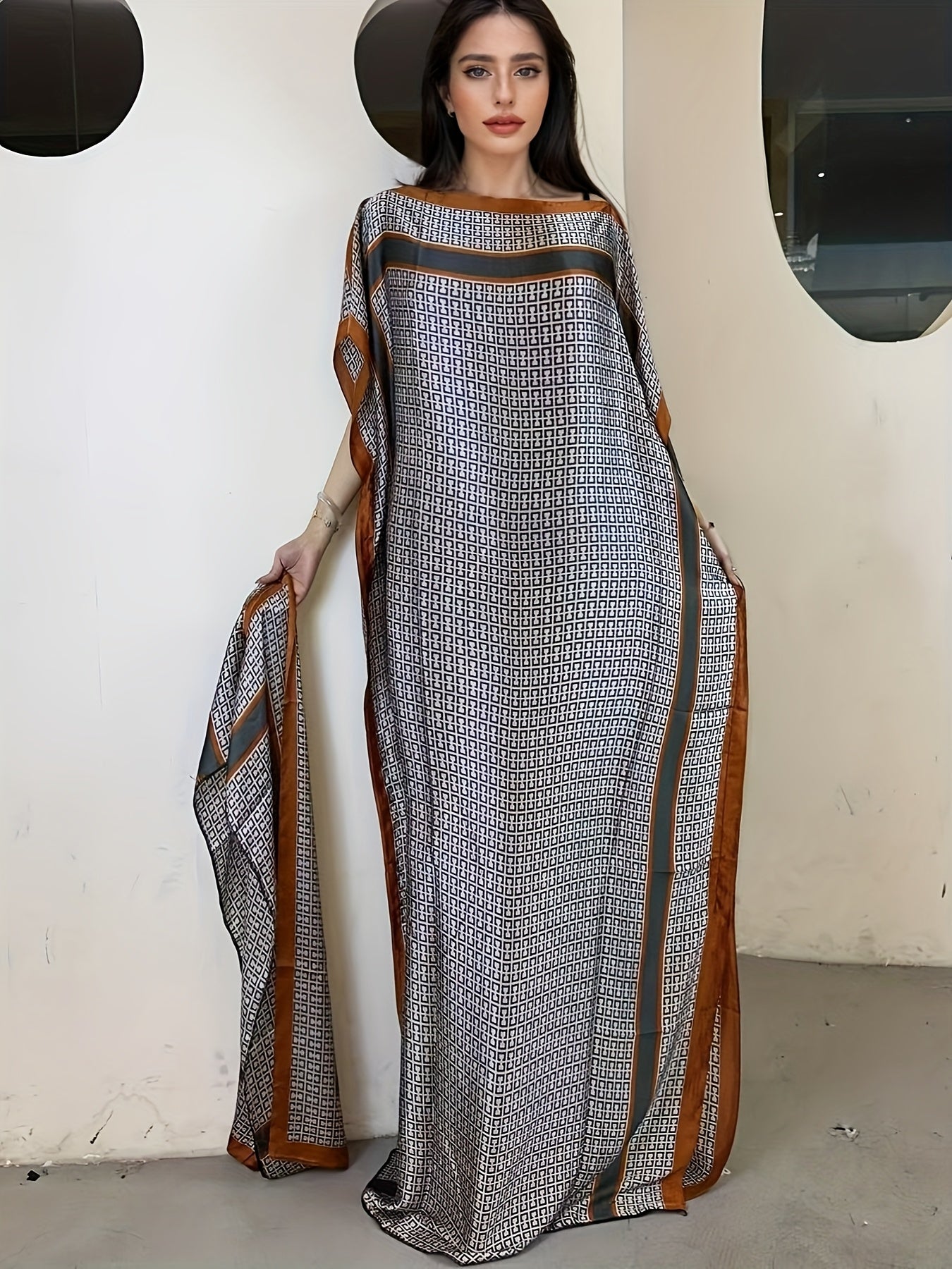 Ayol uchun gul bosma boat neck abaya batwing qo'lli maxi kiyi