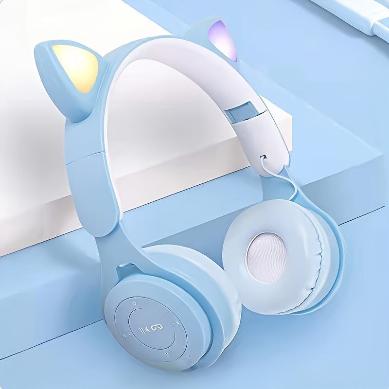 Wireless Headset with Luminous Cat Ears, LED Lights, Foldable, Wireless, for Travel and Gaming