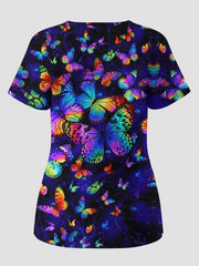 Women's Plus Size Butterfly Print V-Neck Short Sleeve Top with Pockets