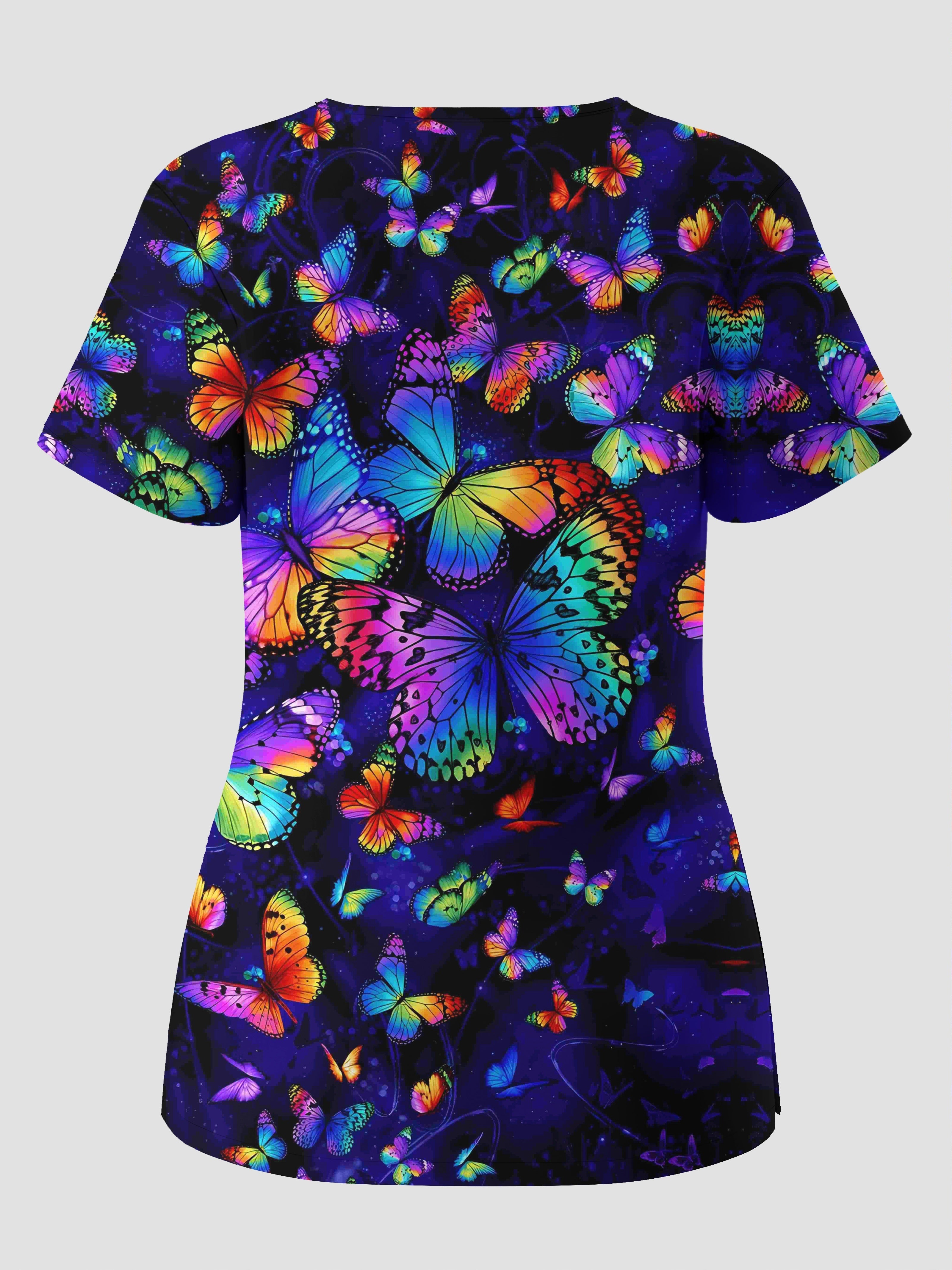 Women's Plus Size Butterfly Print V-Neck Short Sleeve Top with Pockets