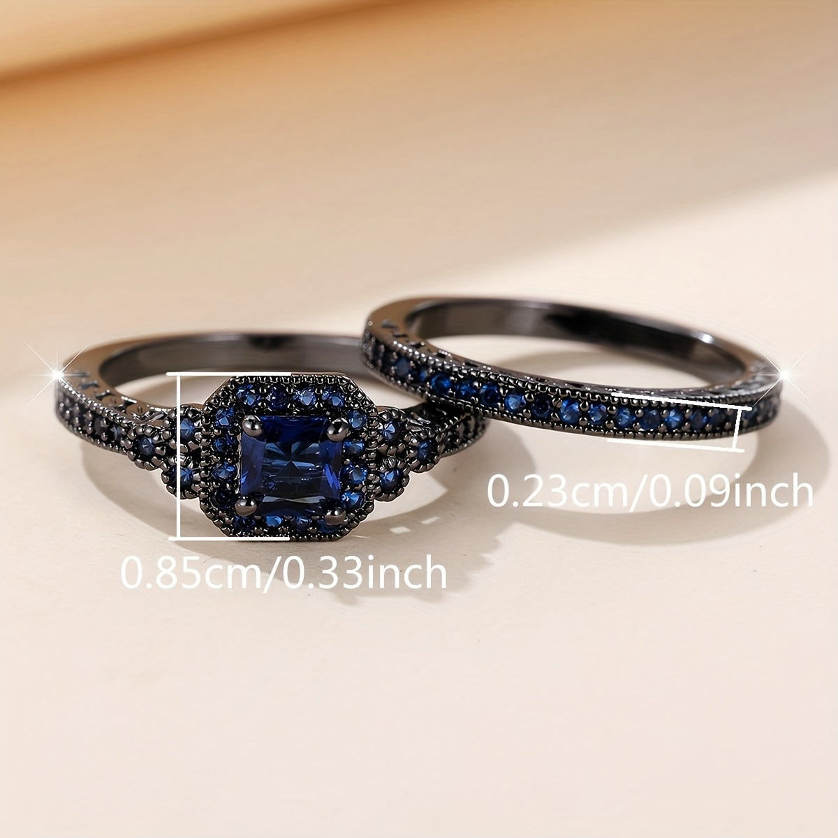 Set of 2 Elegant Promise Rings with Dark Blue Zirconia Halo and Eternity Band for Engagement or Wedding