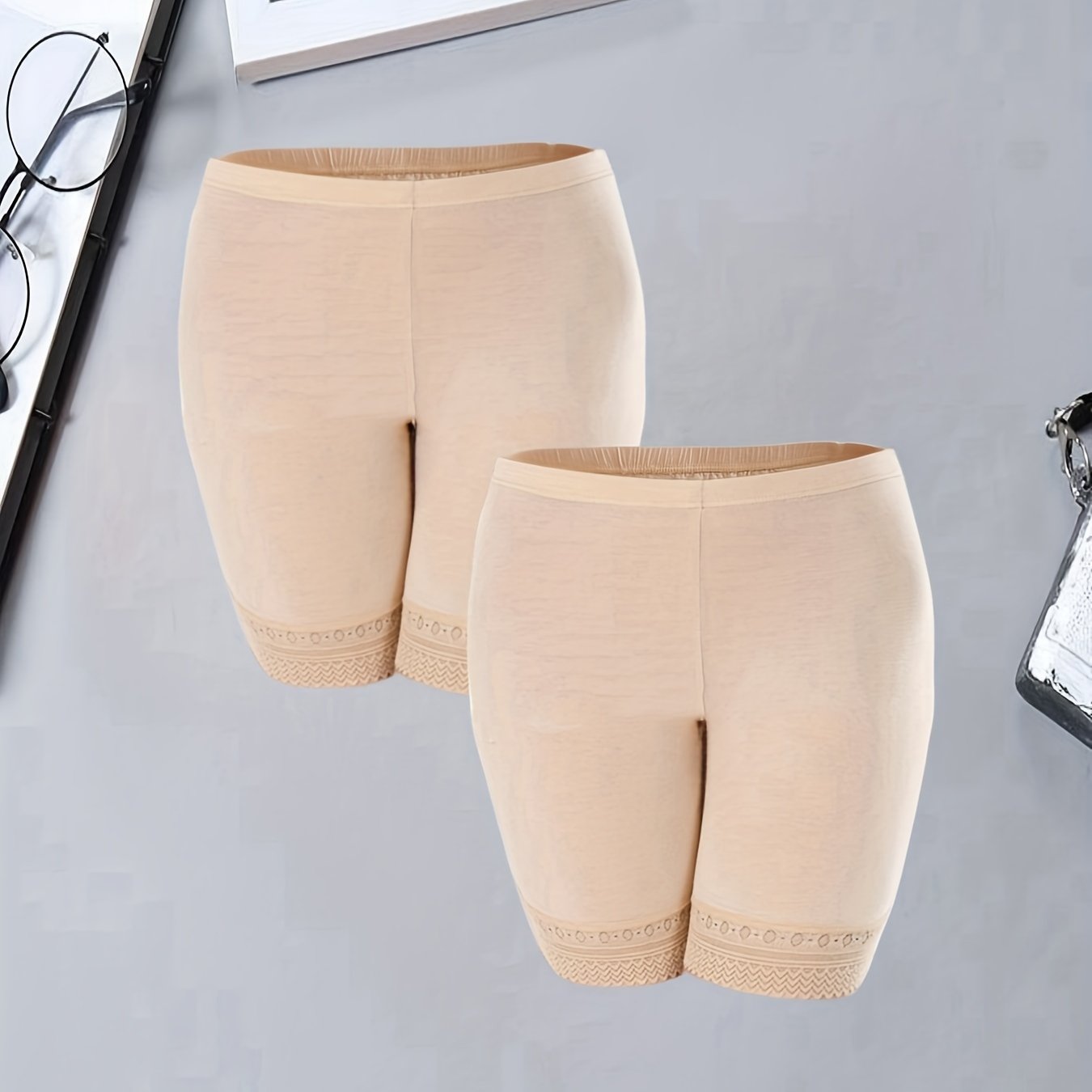 2-компонентные бежевые кружевные боксеры, бесшовные и эластичные с резинкой на талии, комфортное и дышащее белье из смеси модала и спандекса