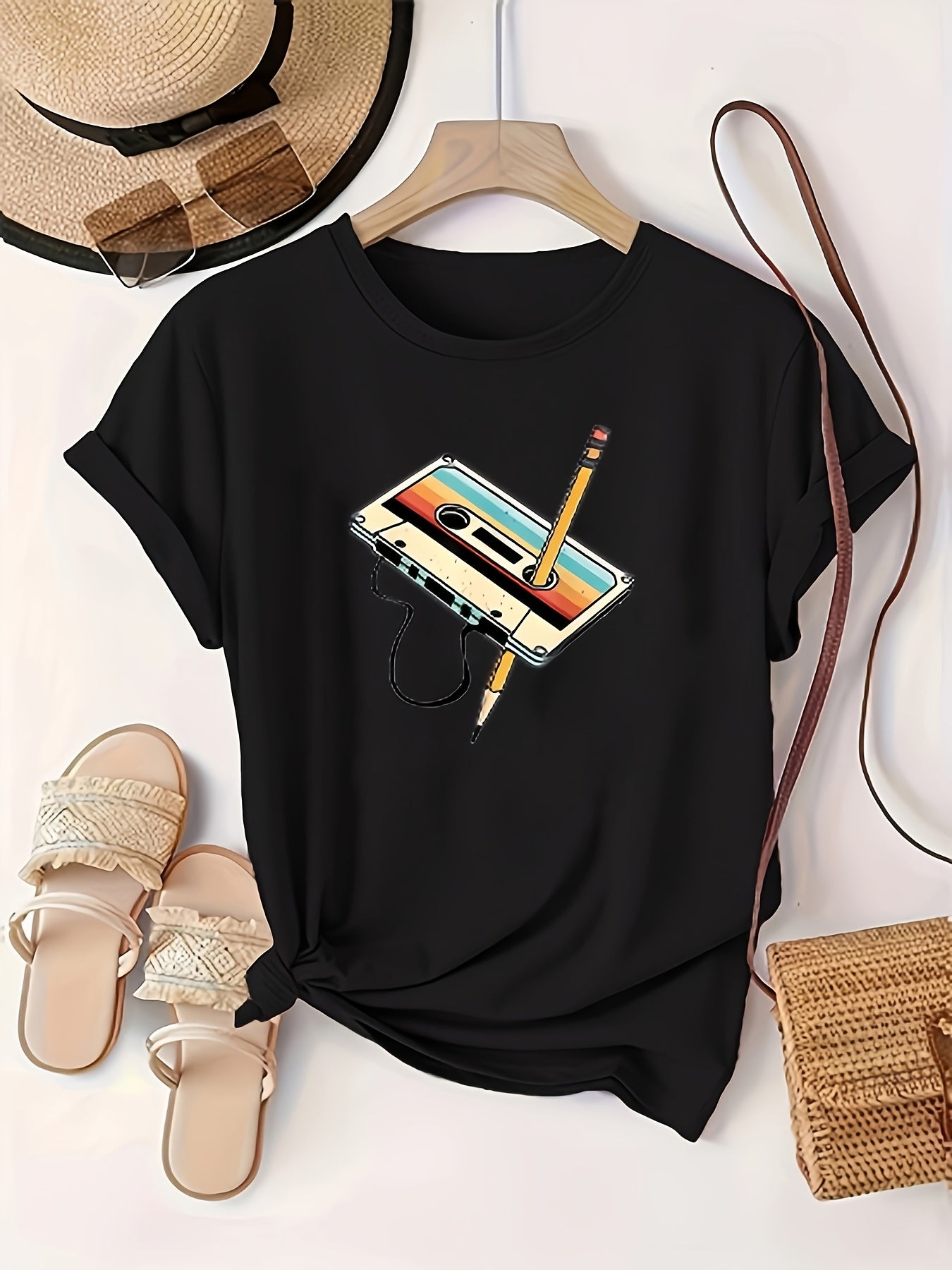 Women's Retro Cassette Graphic T-Shirt Black Short Sleeve Casual Top