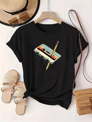 Women's Retro Cassette Graphic T-Shirt Black Short Sleeve Casual Top