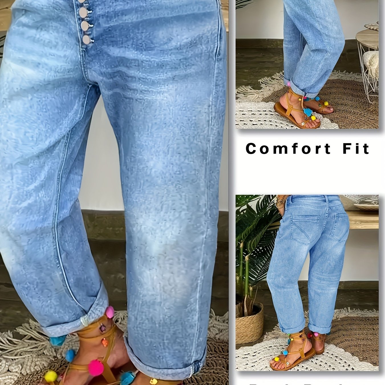 Plus o'lcham ayollar uchun kengaytirilgan denim to'g'ri chiziqli jinsi ko'k rangli kundalik shimlar