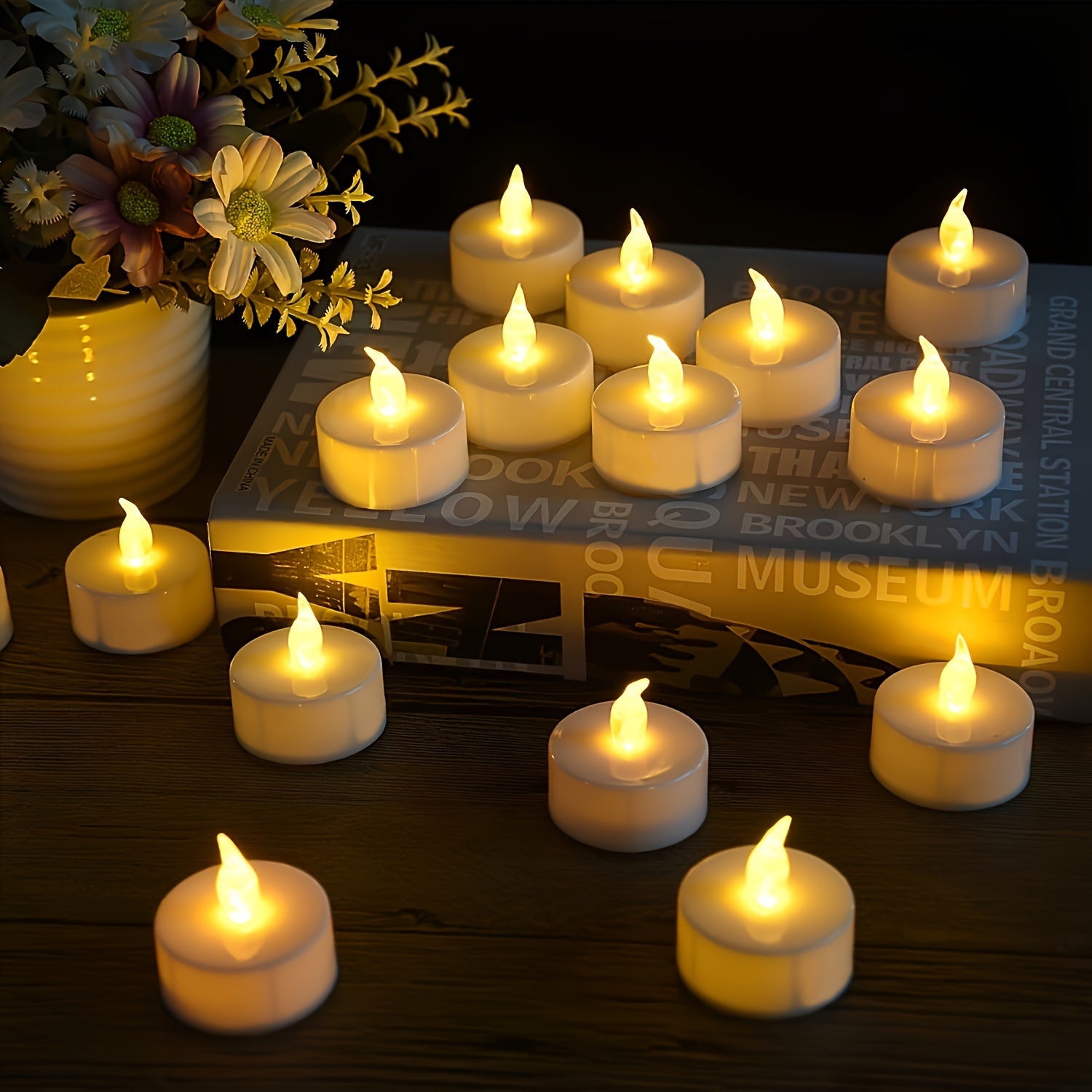 24pcs LED Tea Lights Warm Yellow Flickering Faux Candles for Parties Halloween Christmas