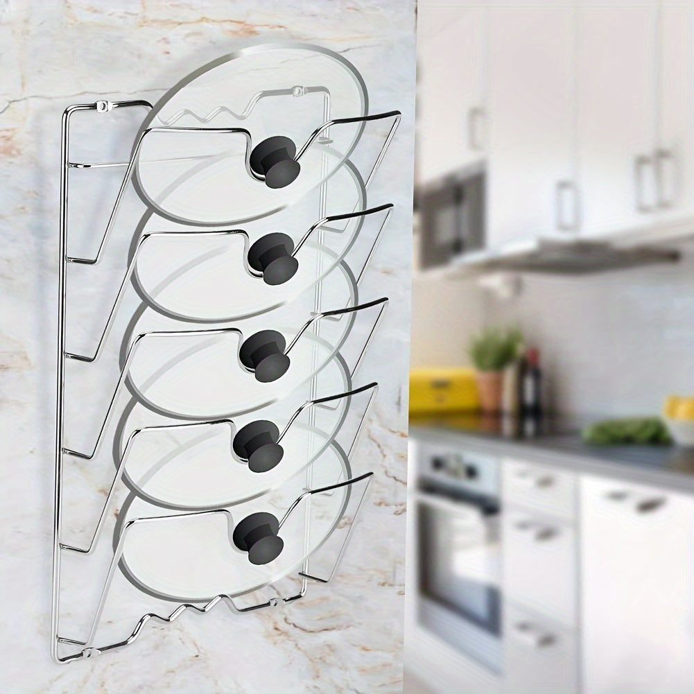 Soporte para tapas de metal montado en la pared con múltiples capas para almacenamiento en la cocina