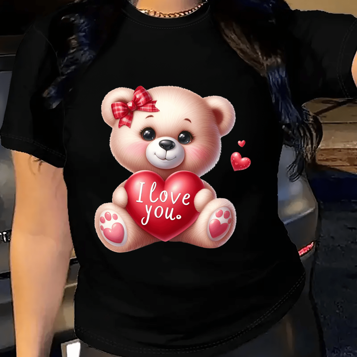 Plus Size Women's Loose Fit T-Shirt with Cartoon Bear and Heart Print