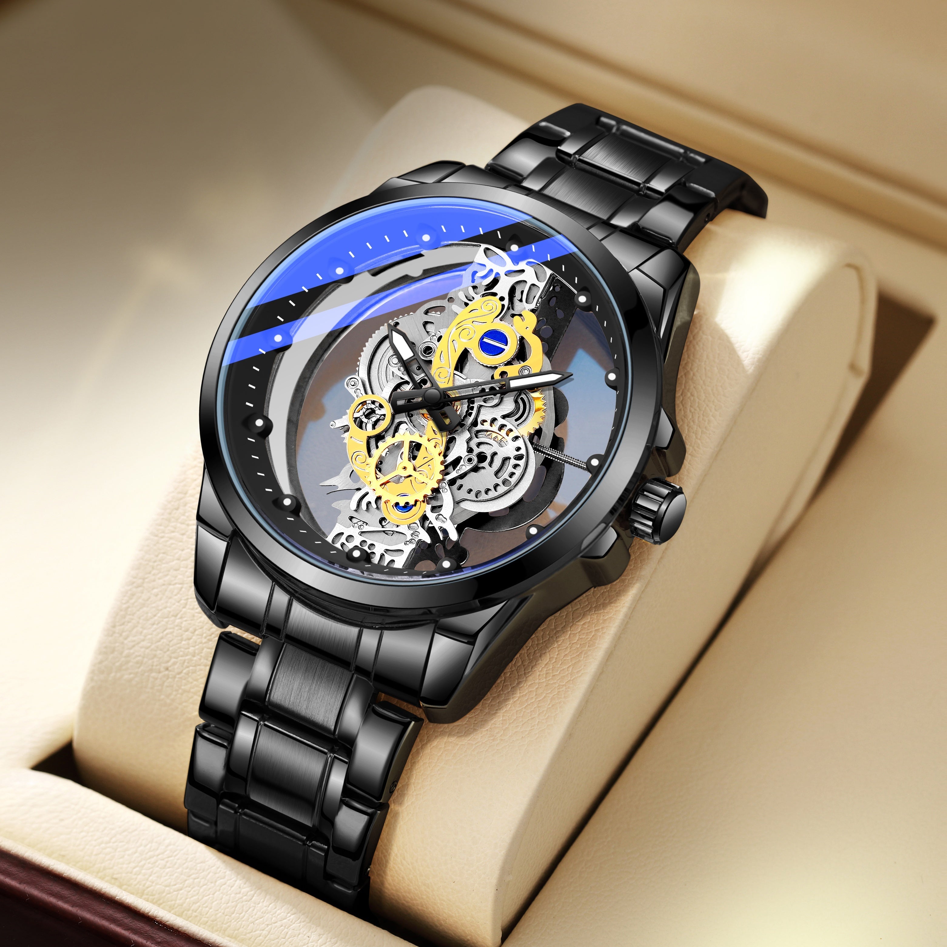 Men's Steel Band Watch with Luminous Openwork Sheer Bottom Quartz Watch Gift