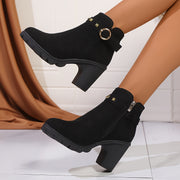 Women's Black Ankle Boots with Buckle Strap Side Zipper Round Toe Vintage Style