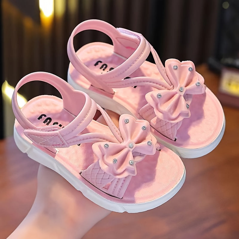 Girls' Sandals with Bowknot Summer 2024 Low Top Breathable Beach Footwear Black White Pink Cream