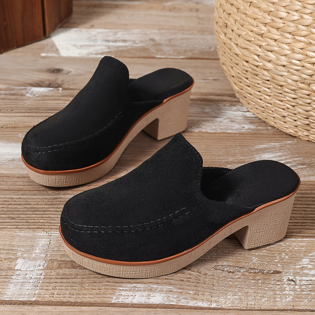 Women's Slip-On Loafers Two-Tone Block Heel Shoes Solid Color Comfortable