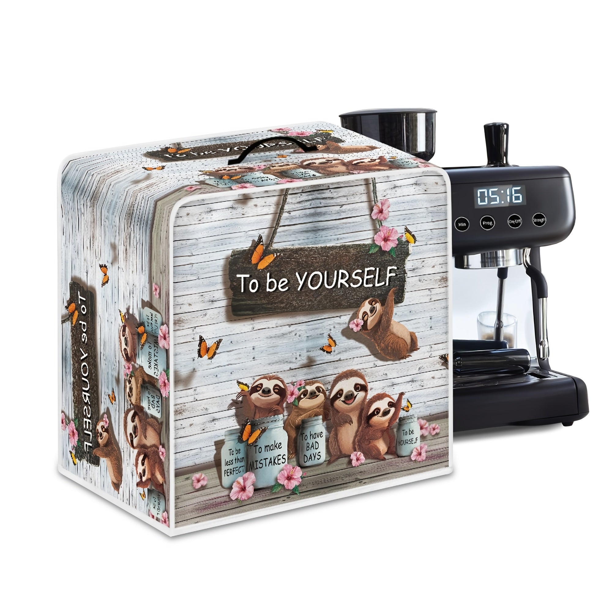 Washable Coffee Machine Cover with Sloth and Butterfly Design Soft Fabric Dust Protector for Small Kitchen Appliances
