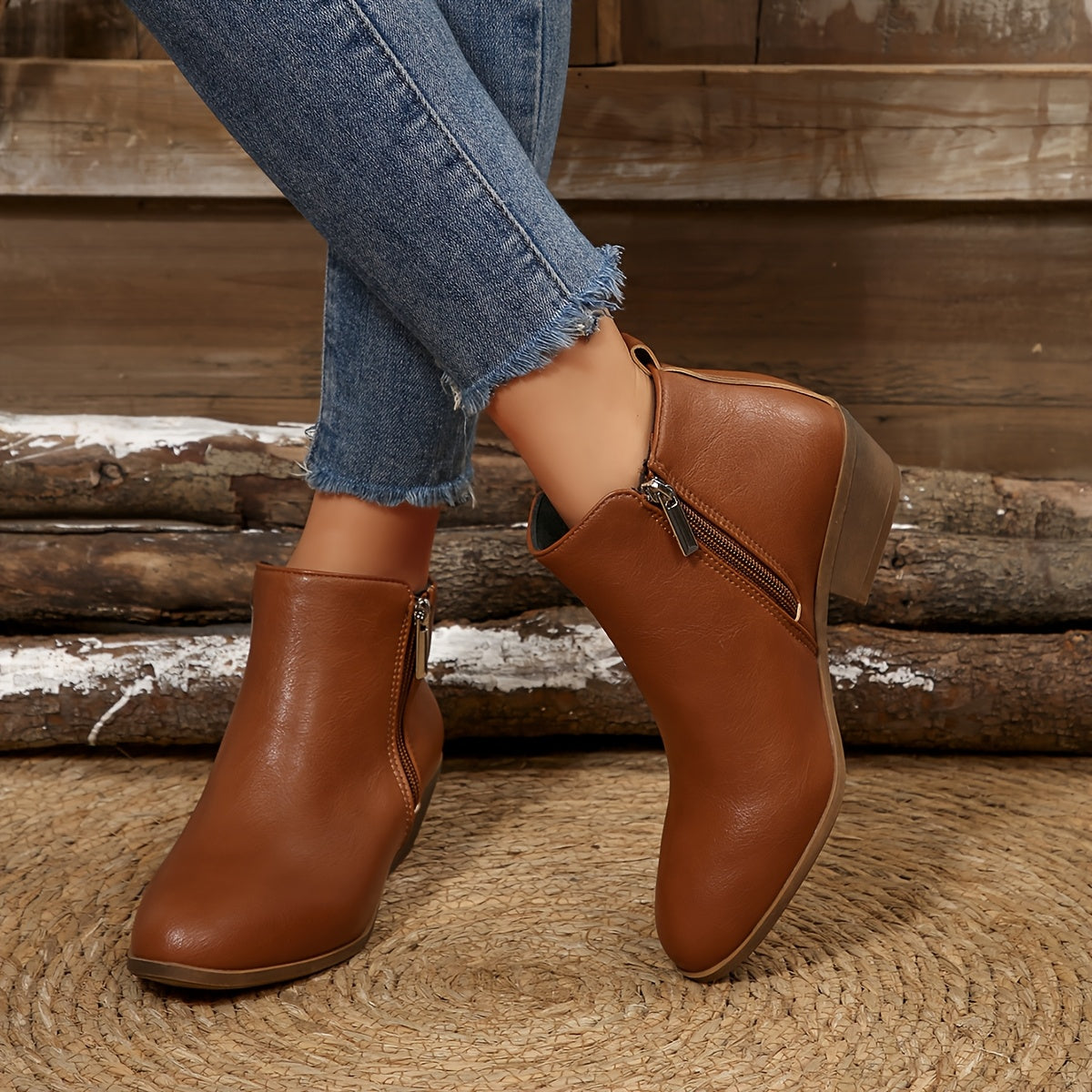 Женские ботинки на щиколотке с двойной молнией, заостренный носок, средний каблук, искусственный материал