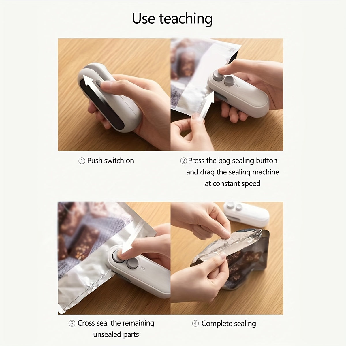 Máquina compacta y recargable para sellar bolsas de plástico con función de apertura de bolsa