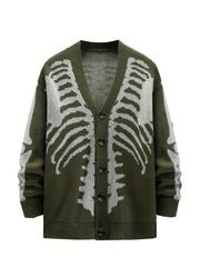Men's Plus Size Skeleton Print Knit Cardigan Sweater Long Sleeve V-Neck Fall Winter