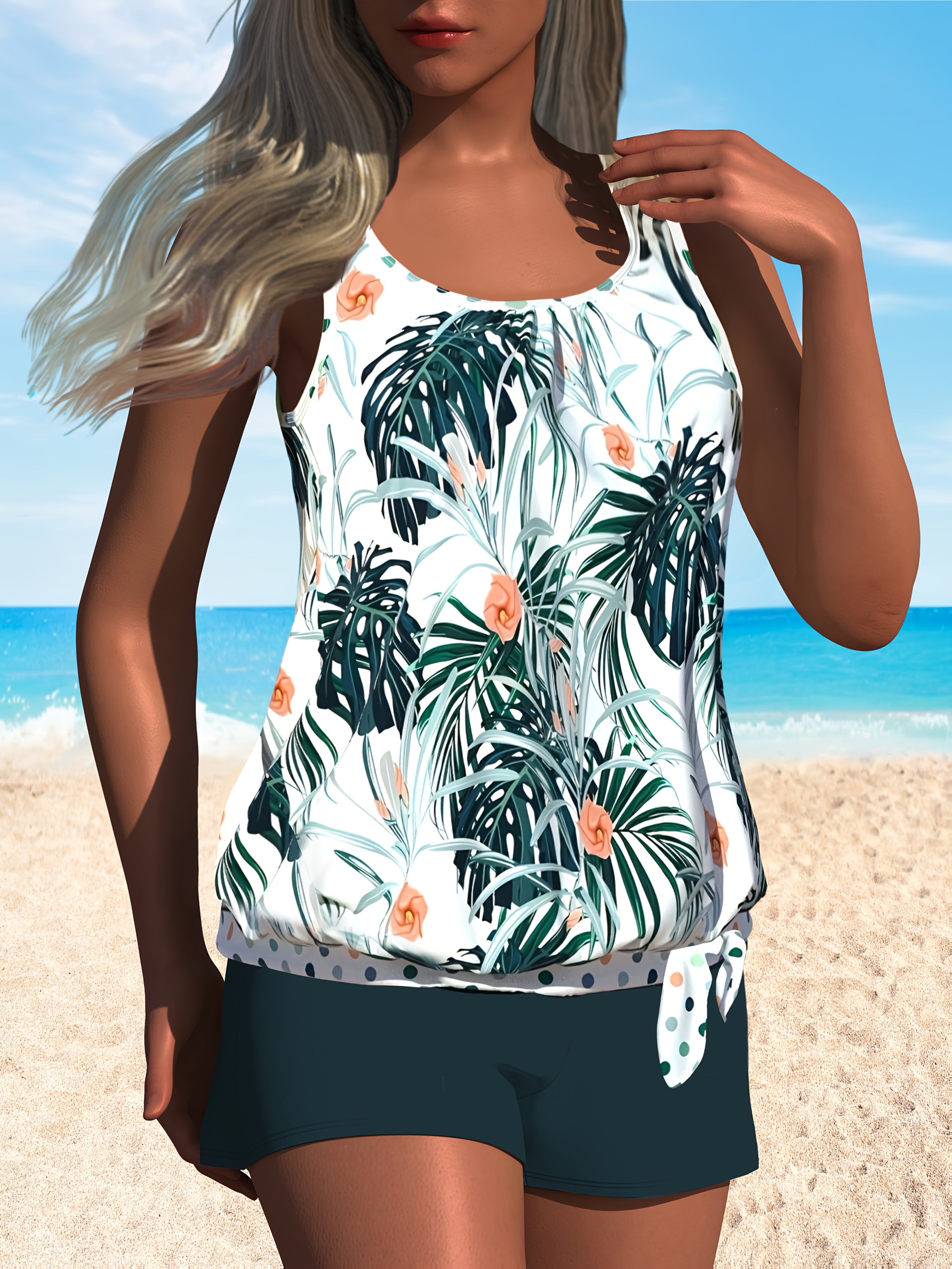 Women's Tropical Print Tankini Set with Scoop Neck Top and Matching Shorts
