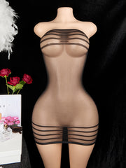 Women’s Sheer Striped Bodysuit with Tube Top and Short Skirt Lingerie Set