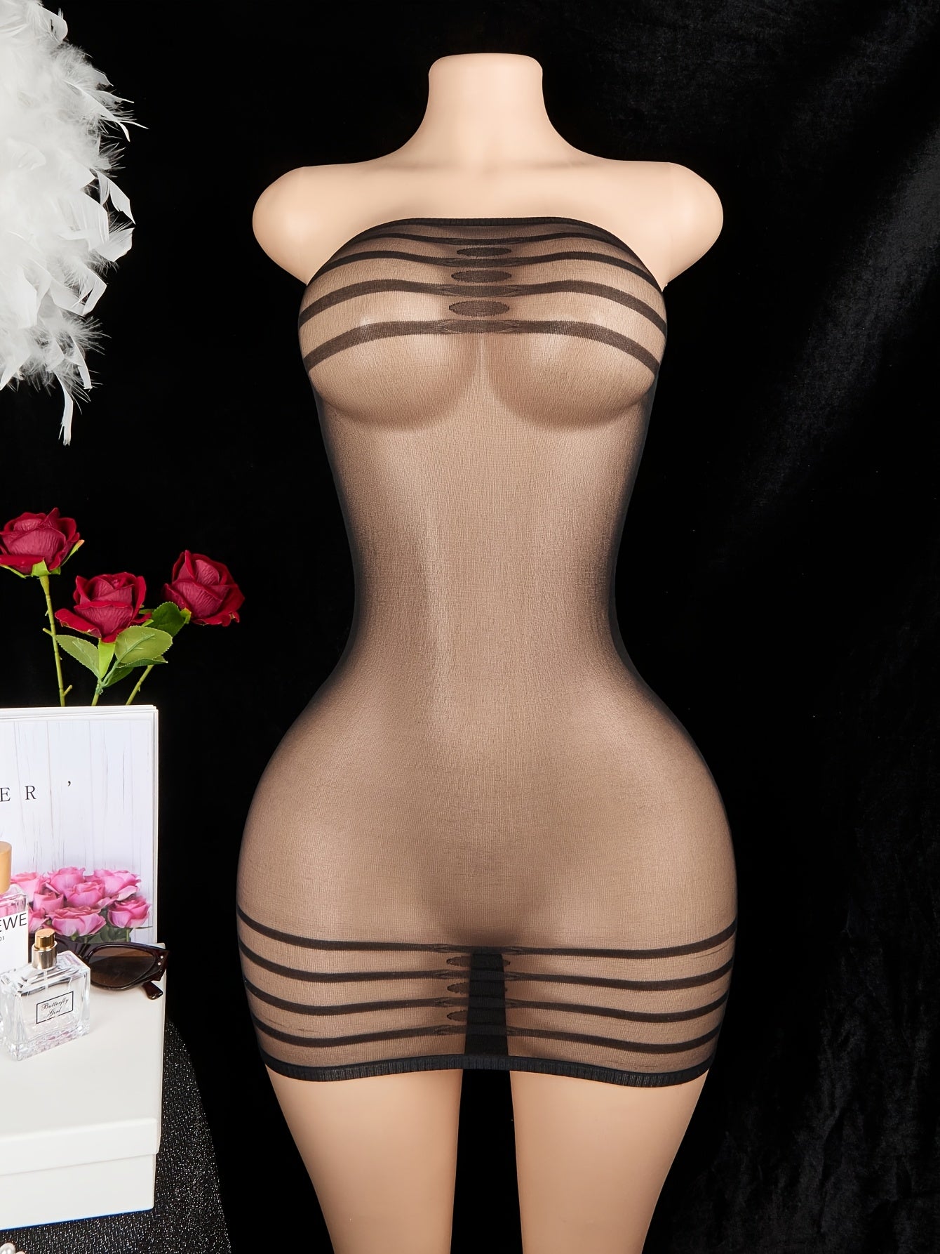 Women’s Sheer Striped Bodysuit with Tube Top and Short Skirt Lingerie Set