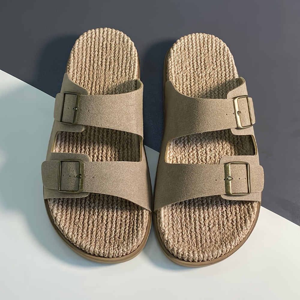 Erkaklar uchun bir rangli ochiq barmoqli slippers, bog'ichli tasmalari bilan, nafas oladigan va qulay EVA tagligi, plyaj yoki tasodifiy kiyim uchun mukammal.