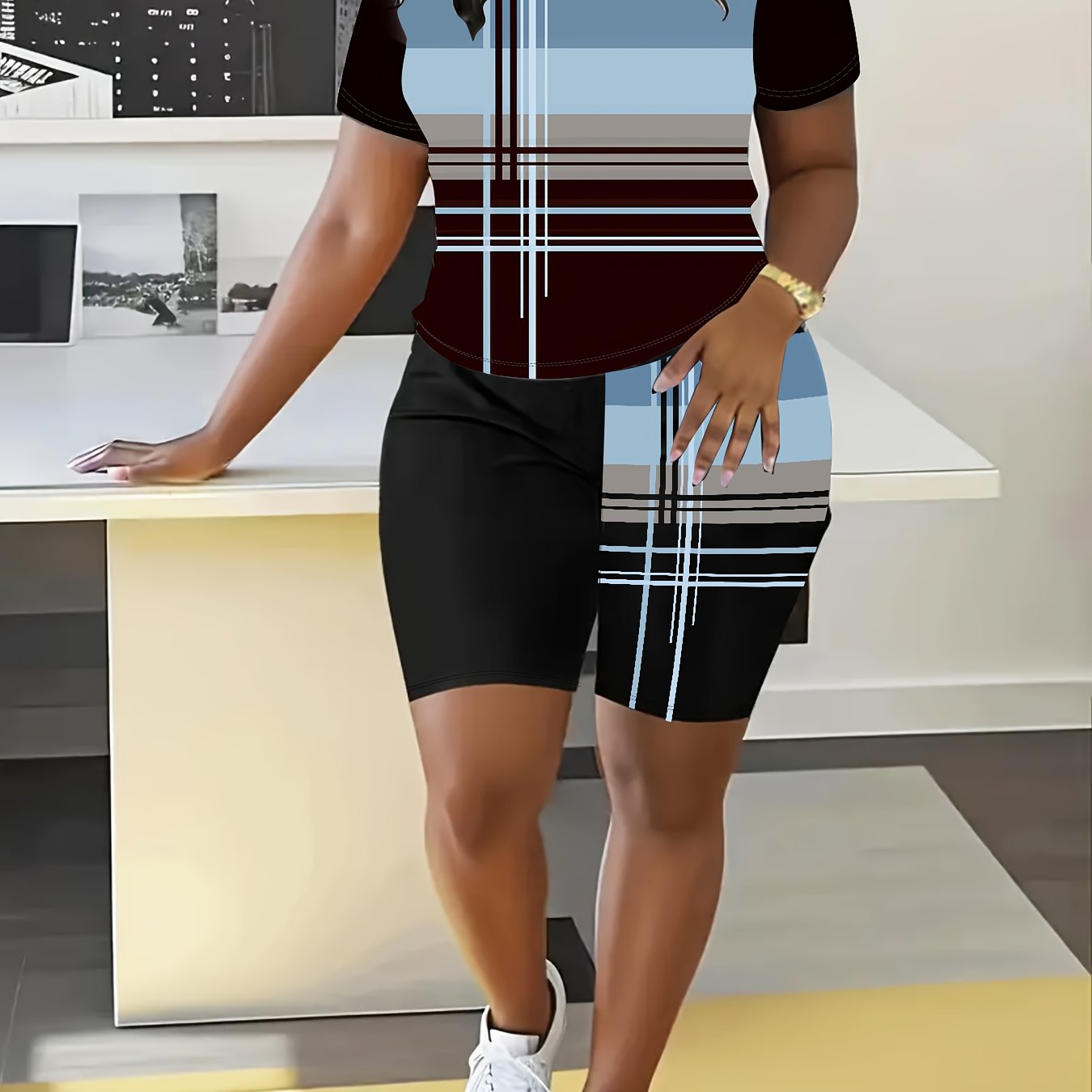 Plus Size Geometric Print Sports Outfit Cropped Top High-Waisted Shorts