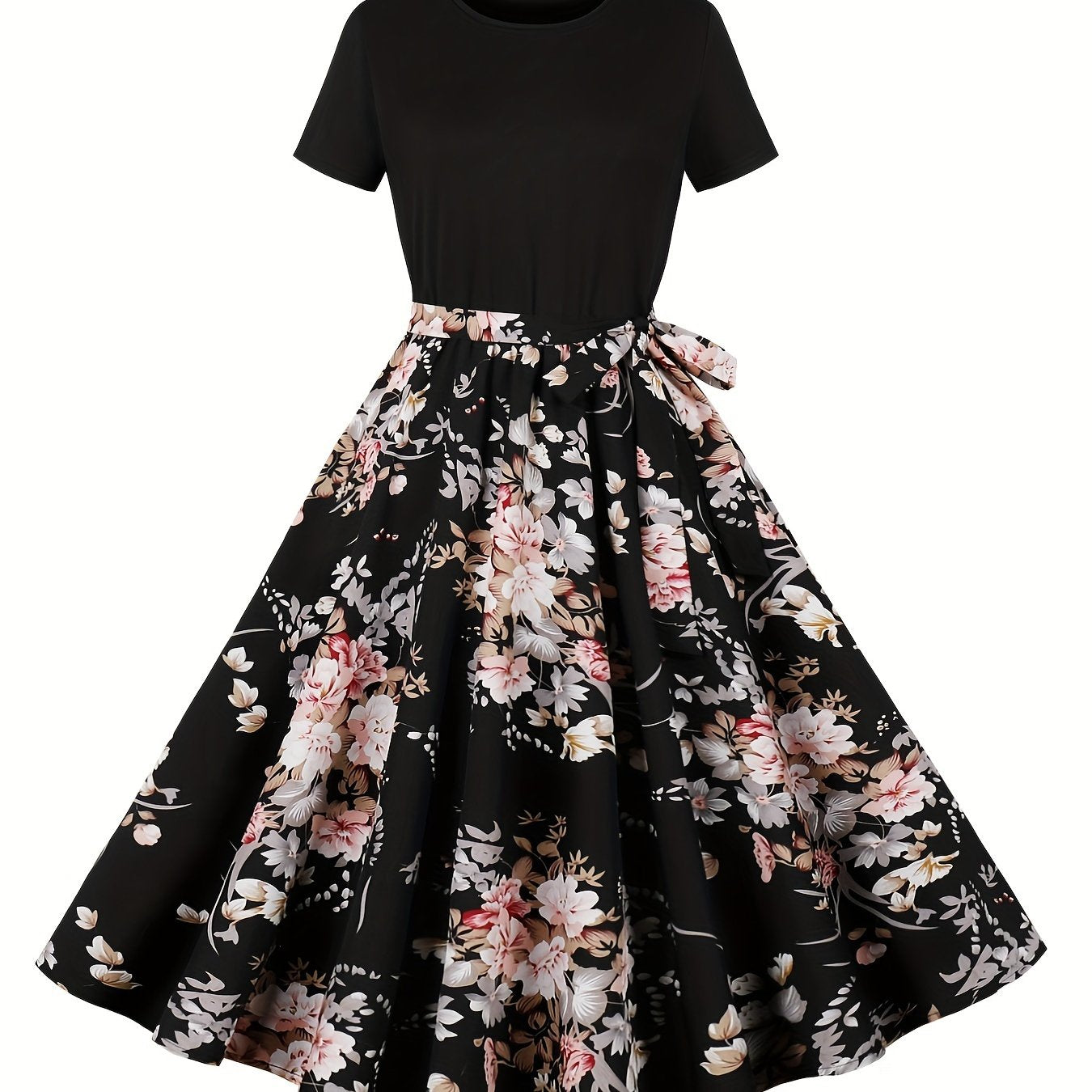 Floral Print Crew Neck Dress for Women with Short Sleeves and Belt Summer Elegant Polyester