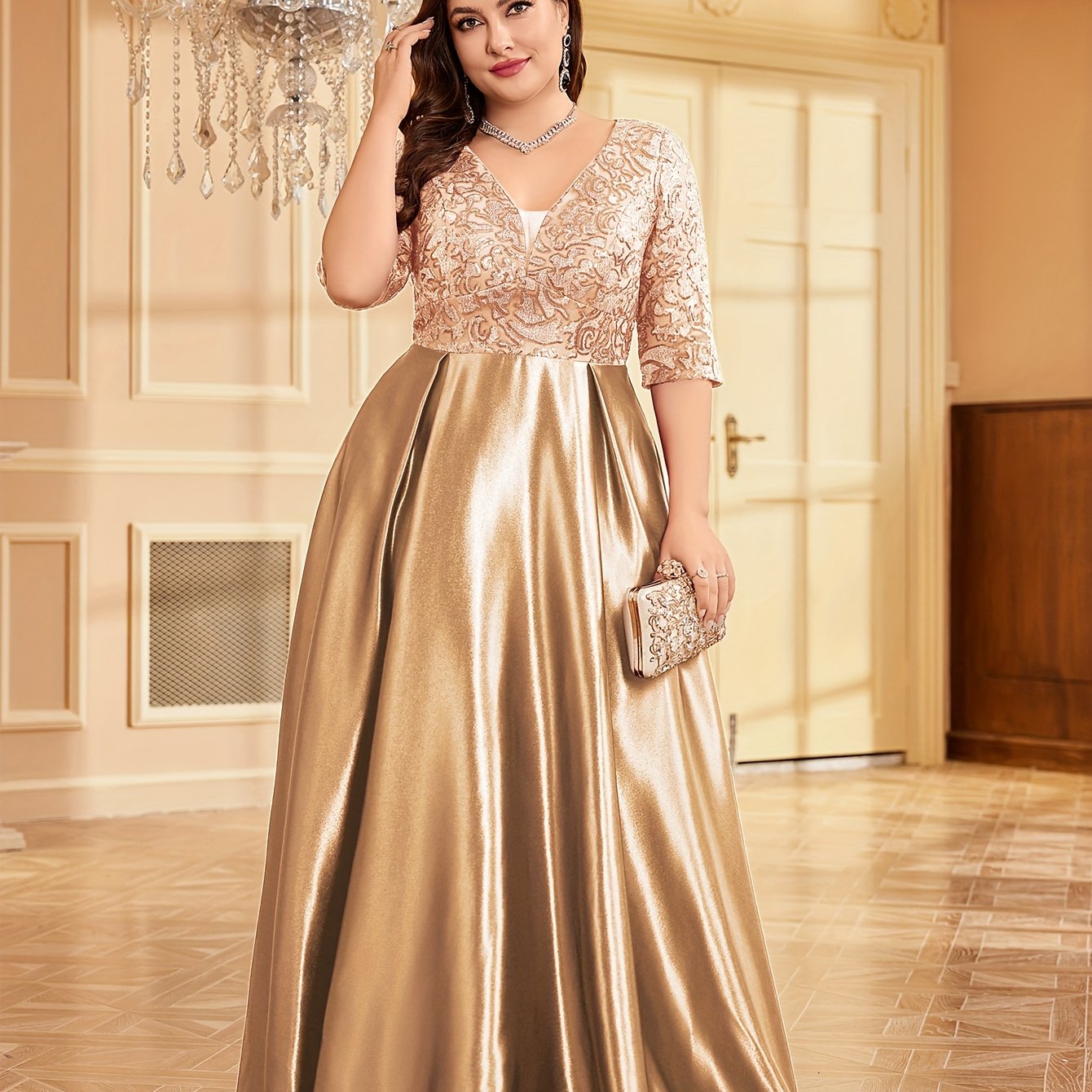 Women Sequin V-Neck Wedding Dress Mermaid A-Line Formal Gown