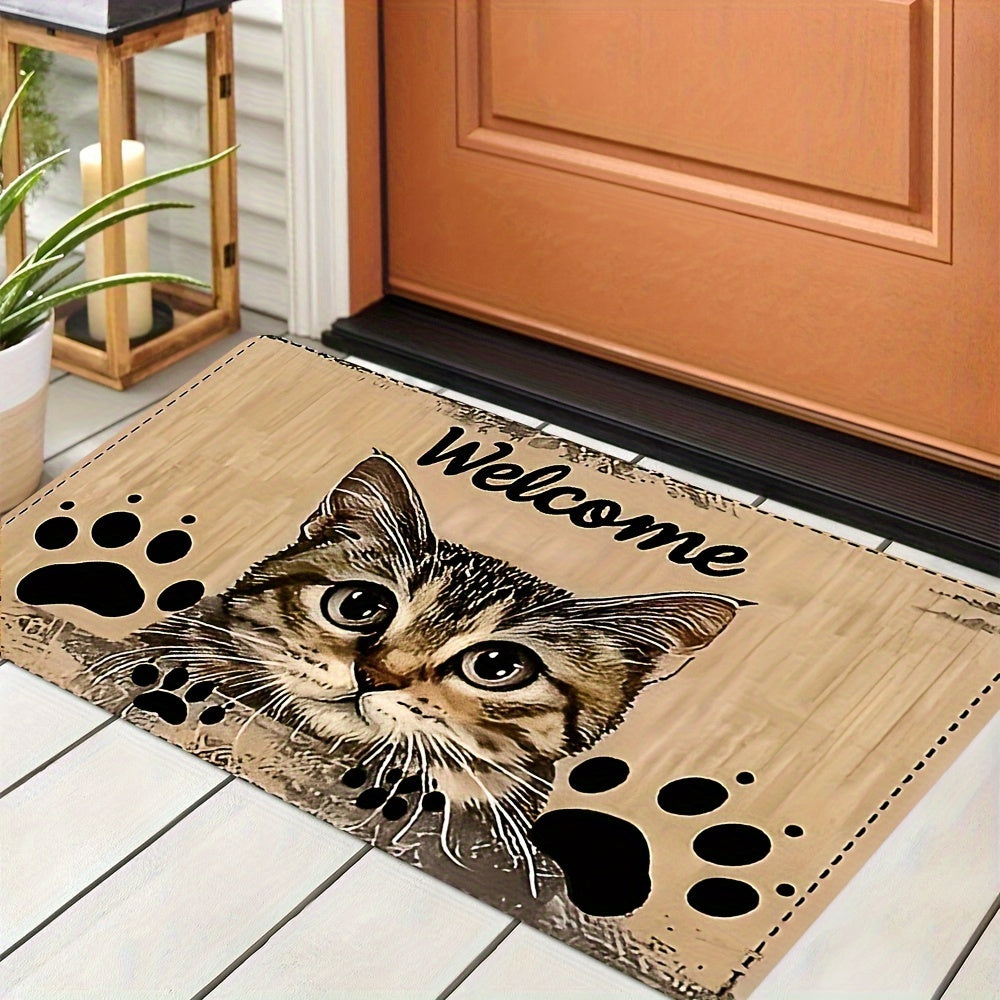 Charming Cat Welcome Mat Bardoshli Polyester Rug Slipperga qarshi Oson tozalash uchun yashash xonasi