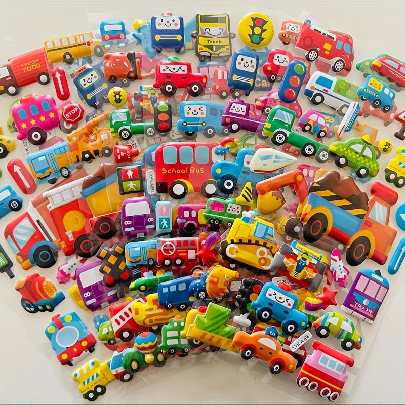 Set of 8 Cartoon Vehicle Stickers with 3D Stereoscopic Cars Fire Trucks and Excavators for Kids
