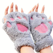 Thickened Half-Finger Winter Gloves with Cartoon Cat Paw Design for Warmth and Touchscreen Use