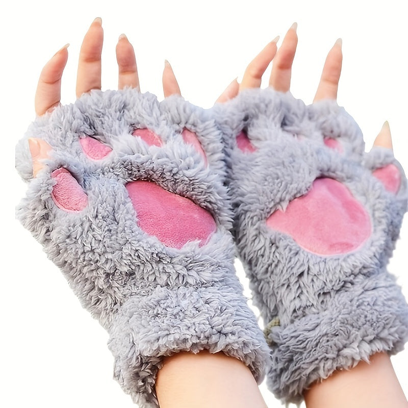 Thickened Half-Finger Winter Gloves with Cartoon Cat Paw Design for Warmth and Touchscreen Use