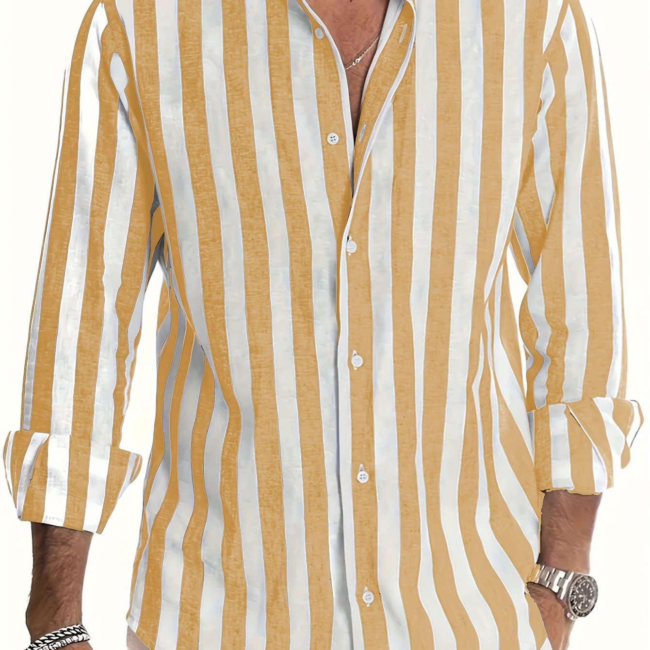 Men's Cotton Linen Striped Long Sleeve Shirt Casual White Brown for Beach Vacation and Date Night