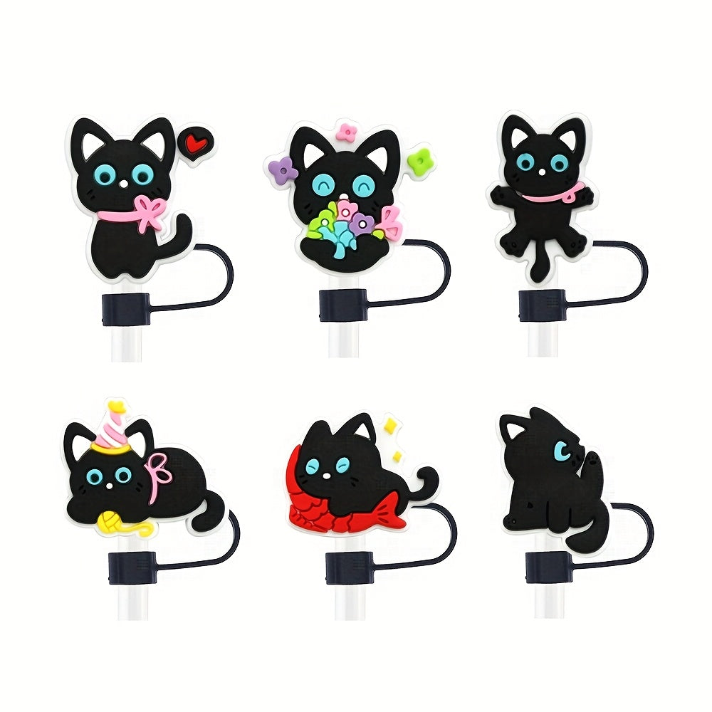 6PCS Black Cat Style Plastic Straw Toppers Reusable Animal Drink Covers