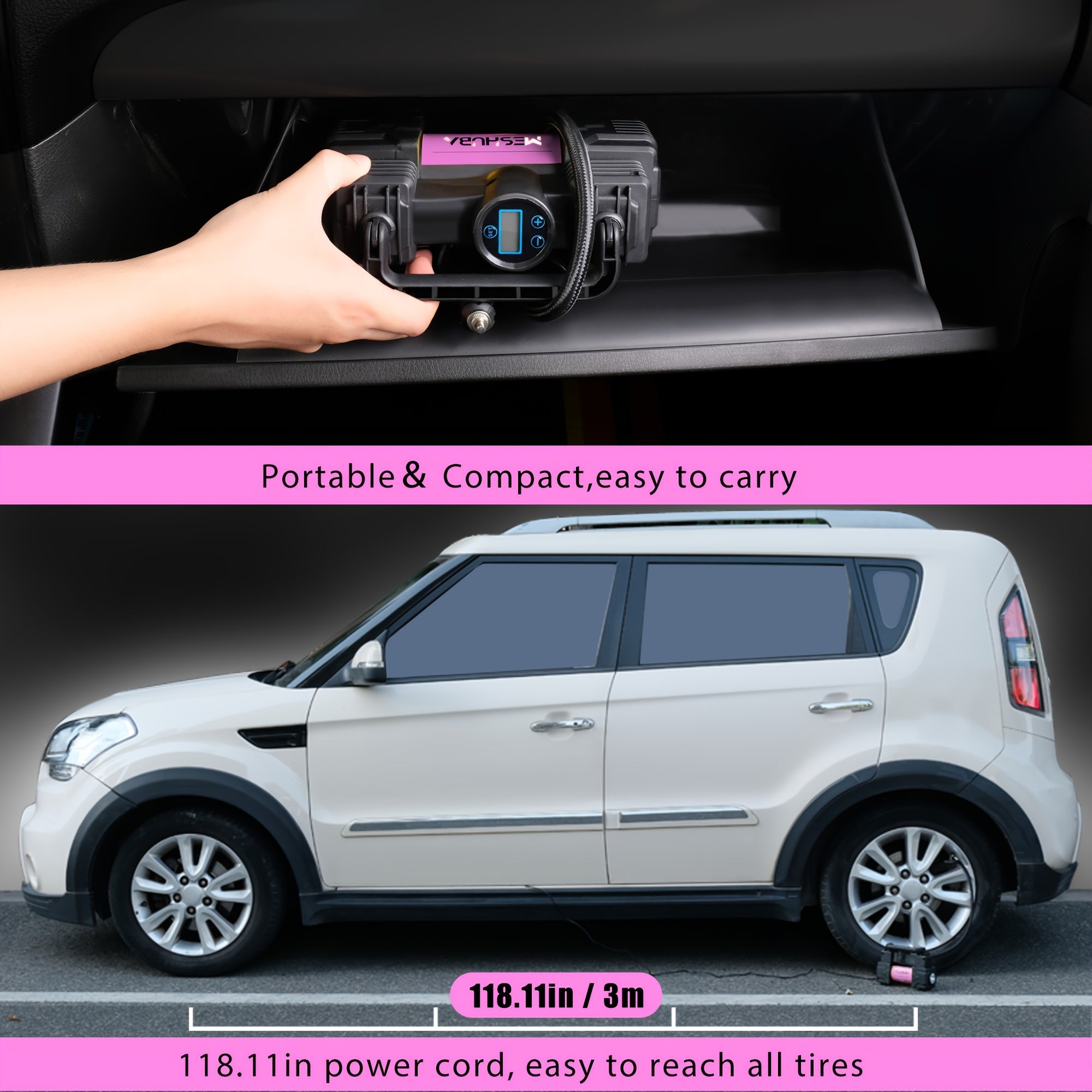 12V портатив ҳаво компрессори рақамли босим ўлчагичи билан машина, велосипед ва доп учун, пурпур