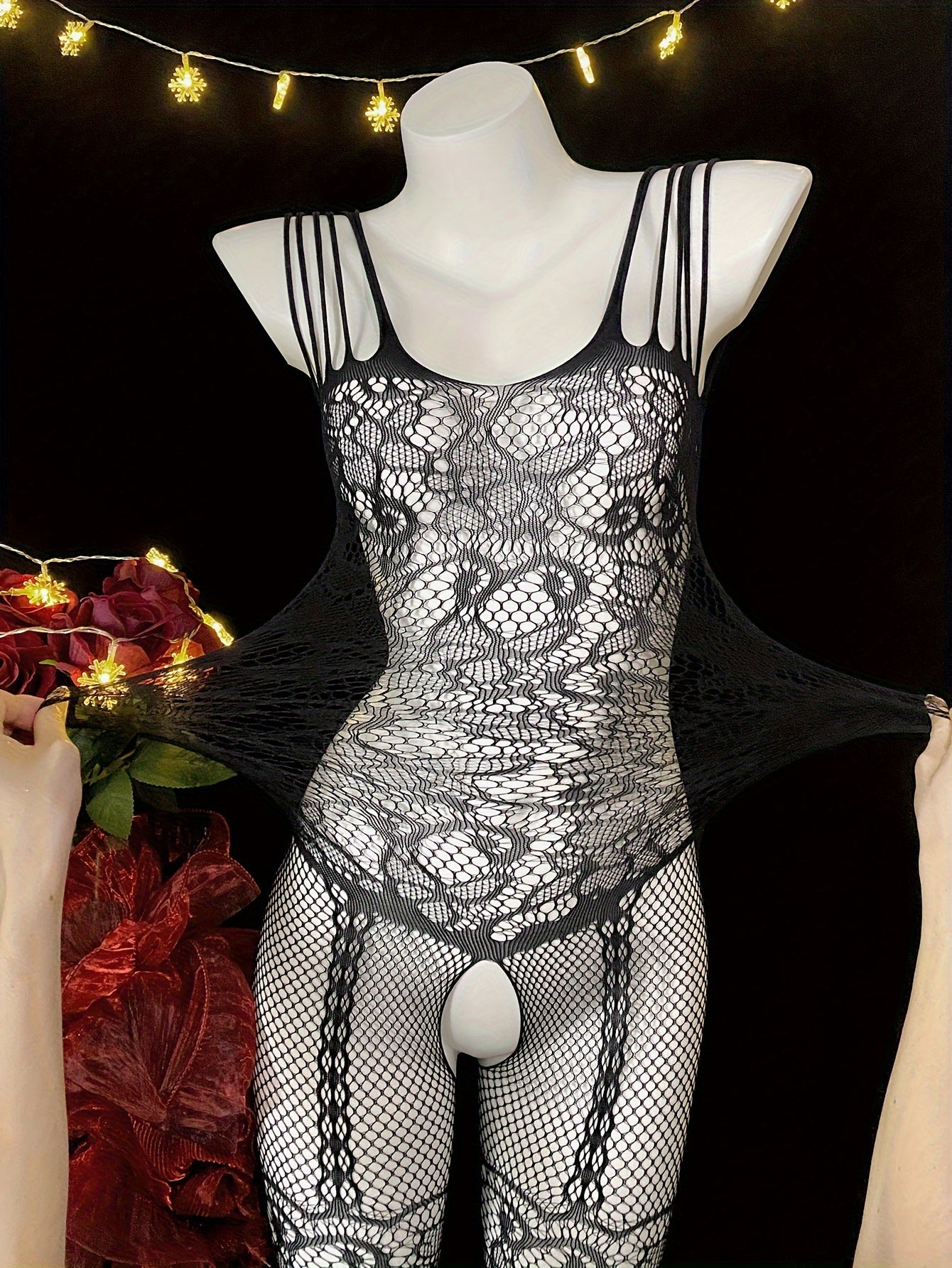 Women's Fishnet Bodysuit with Lace Detailing Sheer Nylon Elastane