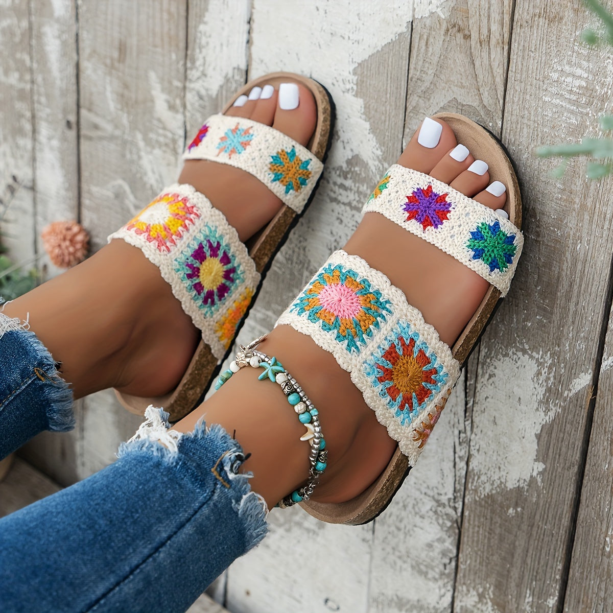 Women's Knitted Floral Flat Slippers Non-Slip Open-Toe Large Size Shoes