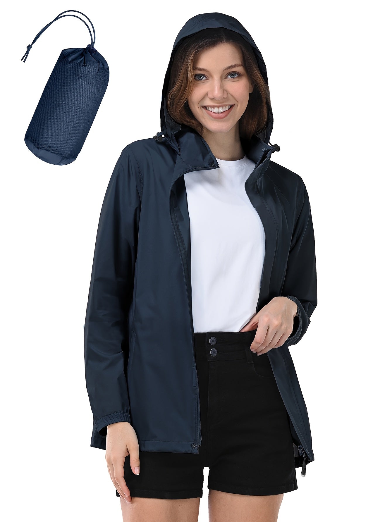 Women’s Lightweight Windbreaker Jacket with Hood, Zipper Pockets, Navy Blue, Plus Size