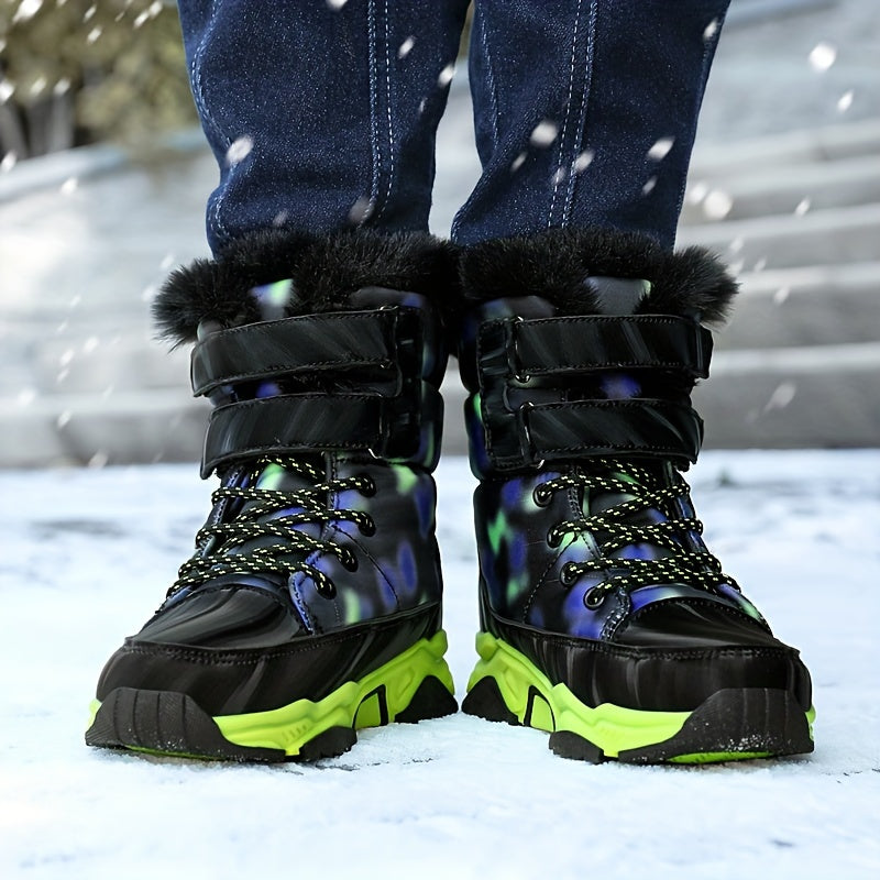 Boy's Camouflage Hiking Boots with Plush Lining Non-Slip Outdoor Shoes for Fall Winter