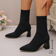Women's Elastic Ankle Booties All-Season Knit Pointed Toe Block Heels