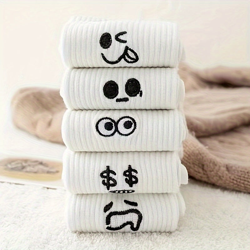 Men Women Knee-High Socks 5 Pairs Ribbed Funny Face Prints Soft Comfortable