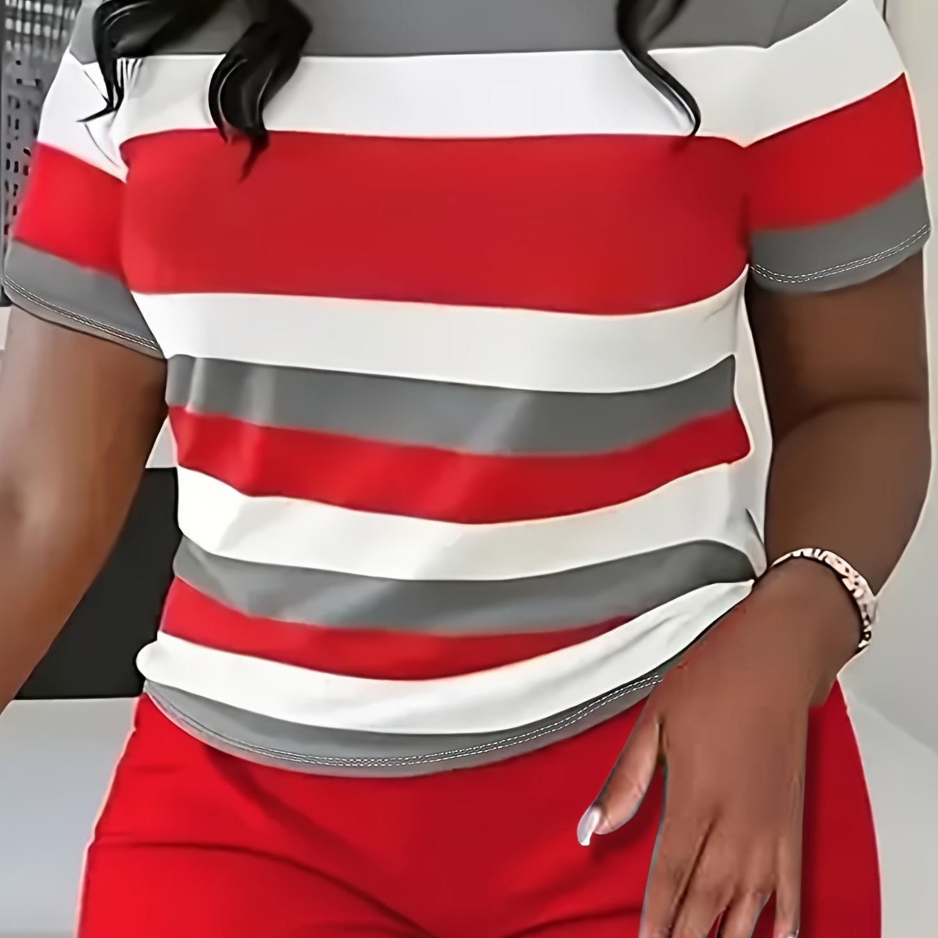 Women’s Plus Size Striped Short Sleeve T-Shirt Knit Polyester Sports Top