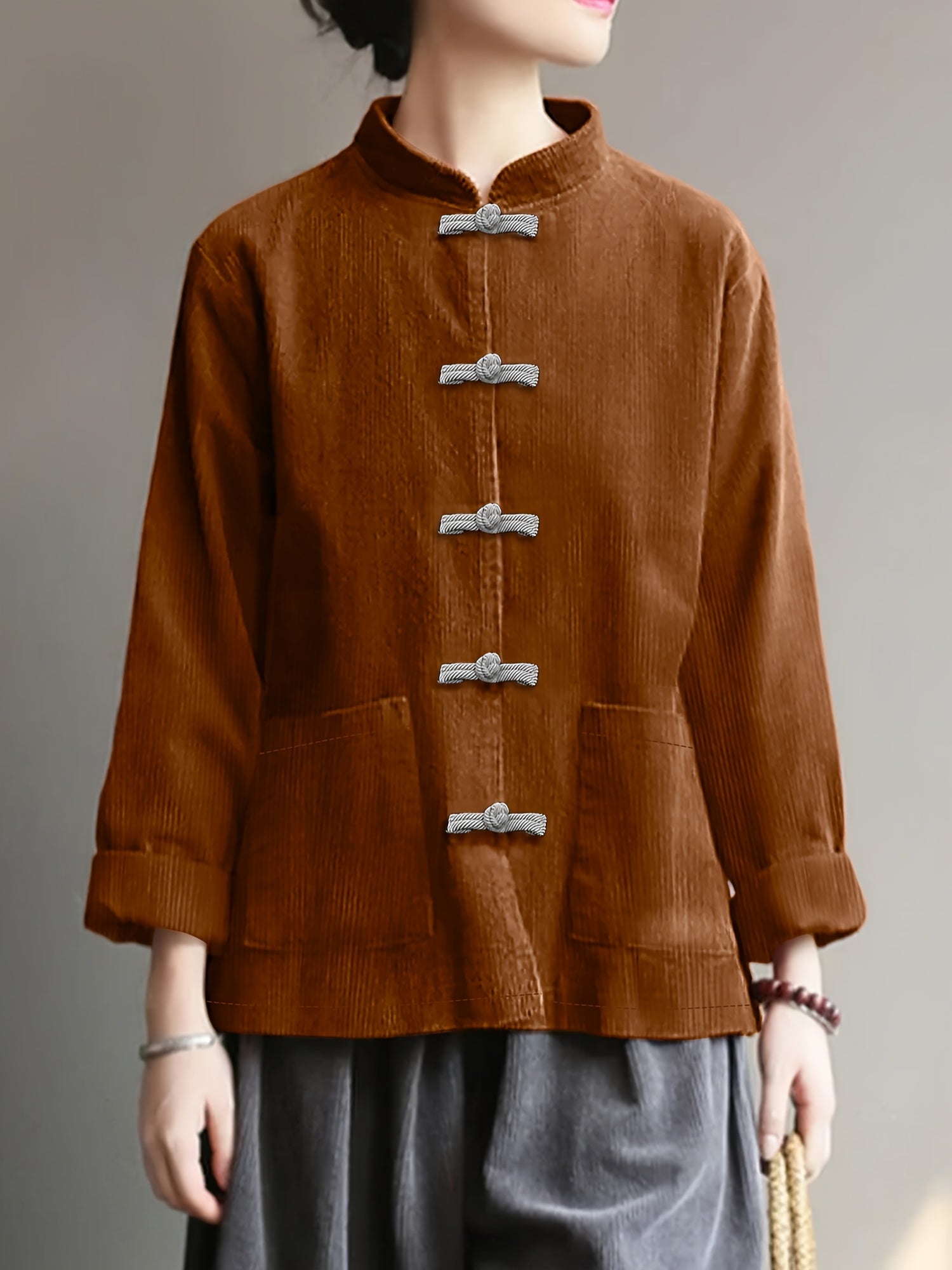 Plus-Size Women's Long Sleeve Top for Spring and Fall Casual Solid Color with Pocket