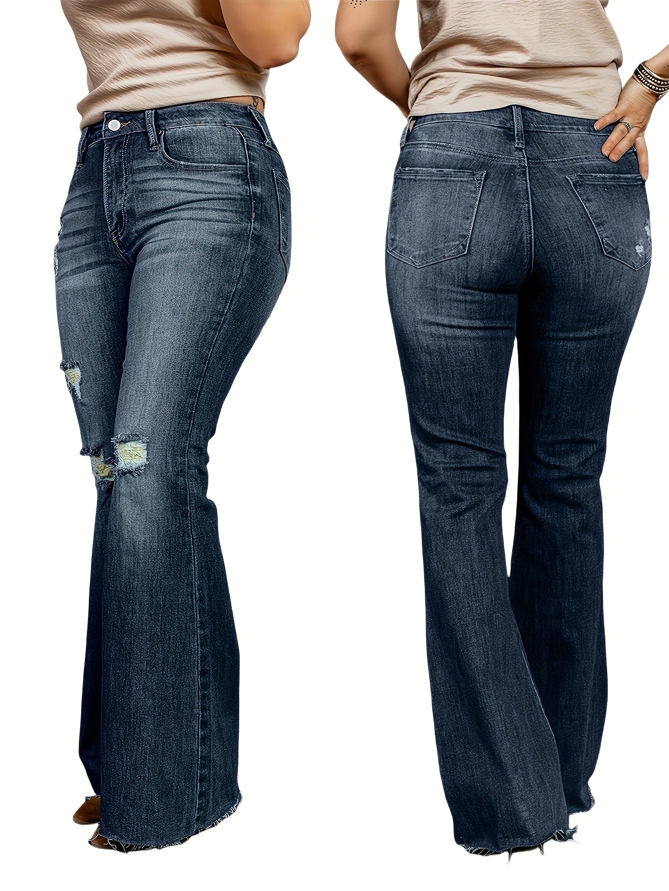 Women's Mid-Rise Stretch Denim Flare Jeans Blue Wash Frayed Bell Bottoms