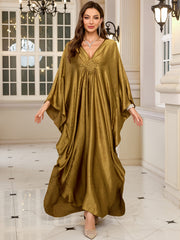 Olive Green V-Neck Bat Sleeve Kaftan Dress for Women Beach Cover-Up Casual Outerwear