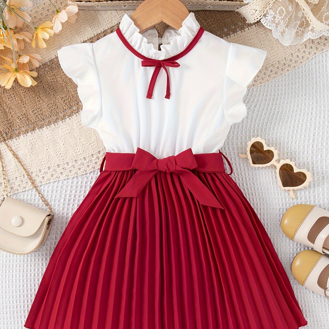 Girls Summer Dress with Polyester Knee-Length Pleated Skirt Stand Collar Sleeveless Ruffle Bow Casual