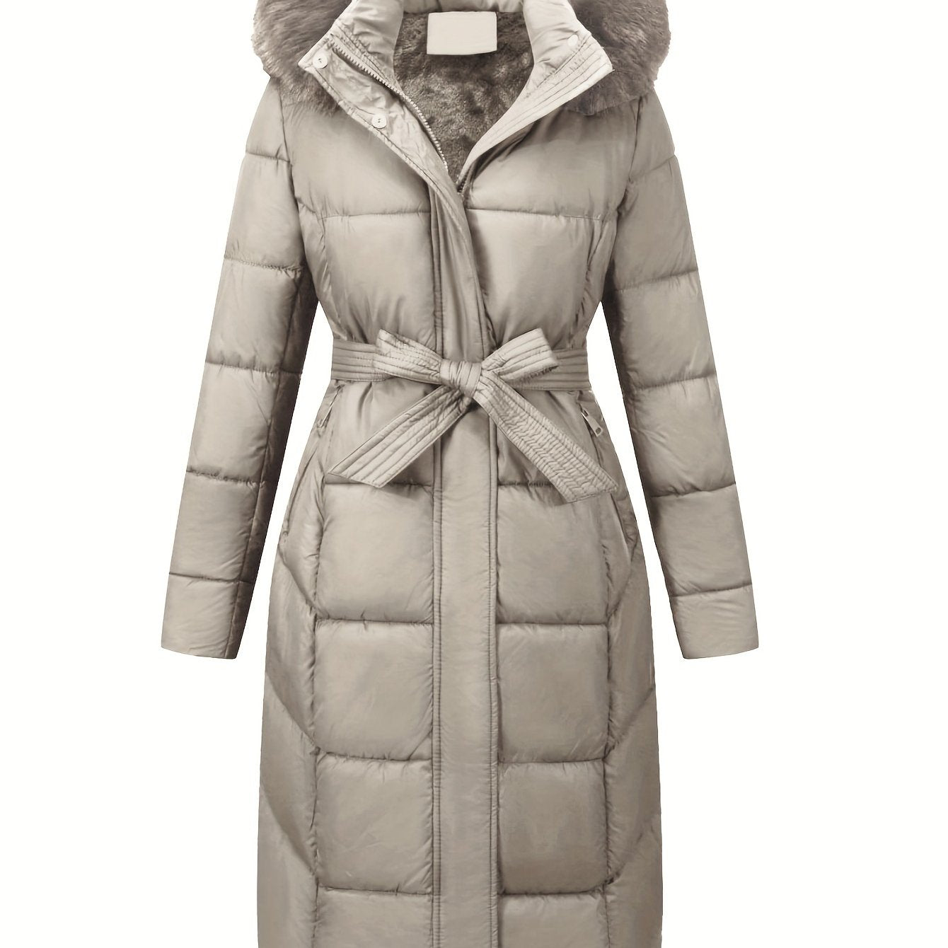 Women's Midi Winter Coat with Faux Fur Hood Belt Solid Polyester Outerwear