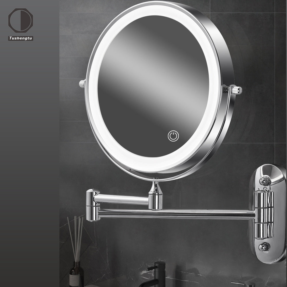 Wall-Mounted LED Makeup Mirror with Double-Sided Magnification 1X/10X Adjustable Brightness Chrome Frame
