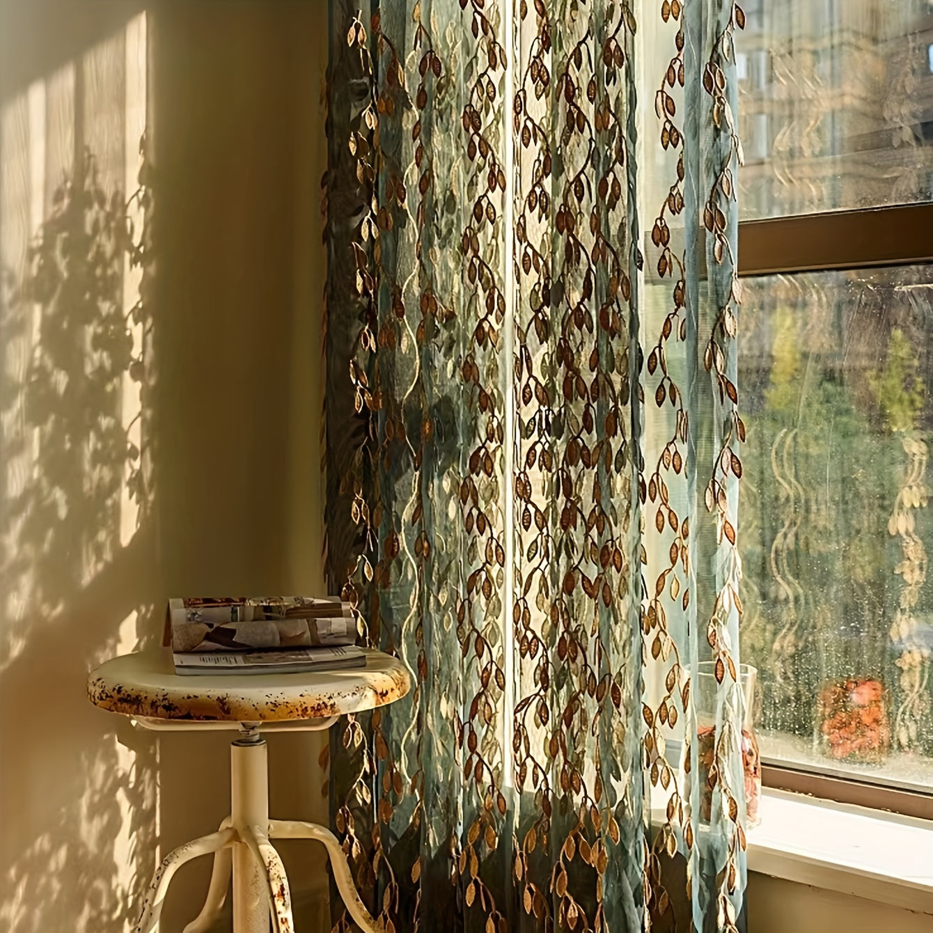 Bohemian Lace Gold Leaf Curtain for Living Room Bedroom Office Window Treatment
